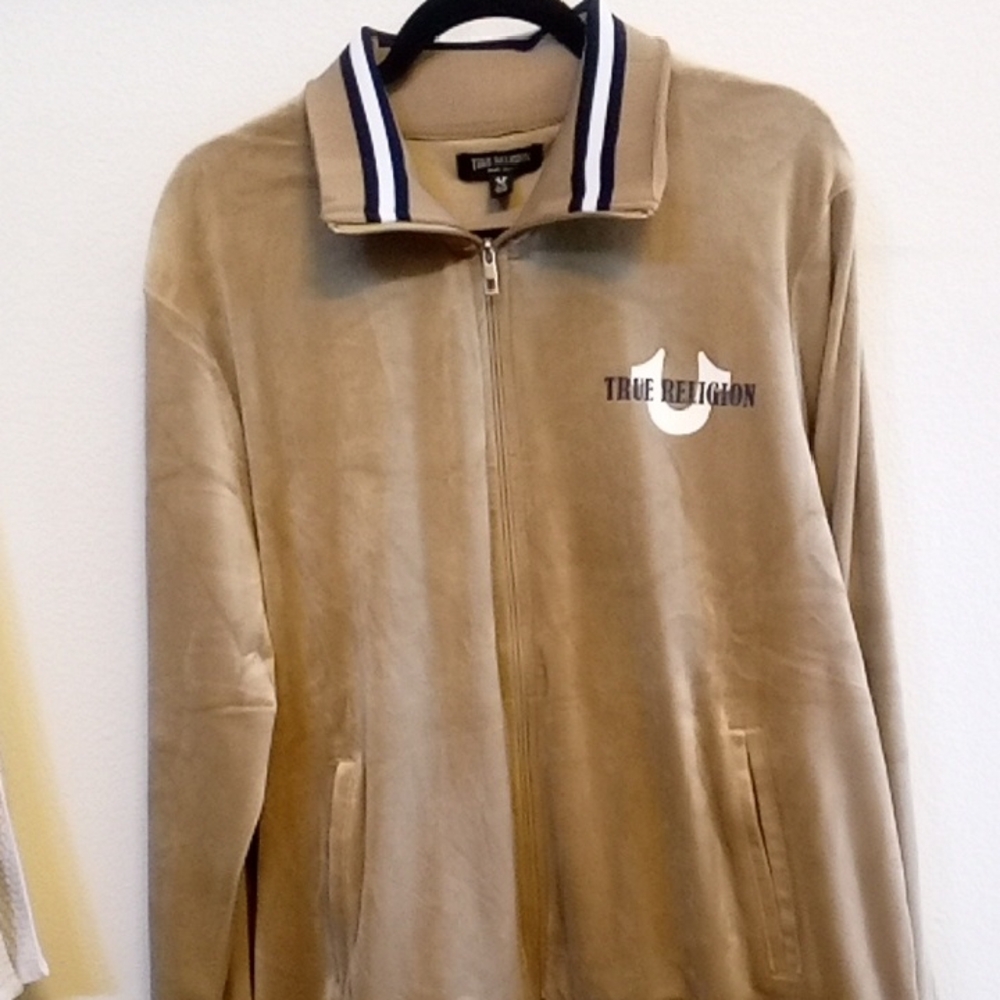 True Religion Beige Zip-Up Jacket with Navy/White Logo